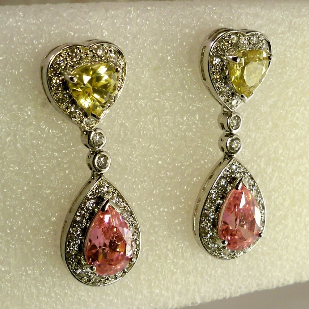 NEW Heart Yellow, Pink Cubic Zirconia Silver DESIGNER Dangle Earrings